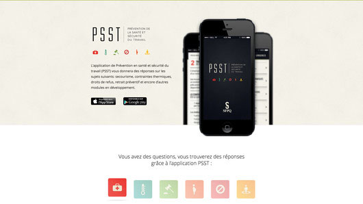Téléphones mobiles montrant le menu mobile et la page d'accueil de l'application web PSST réalisée par iXmédia pour la SFPQ.