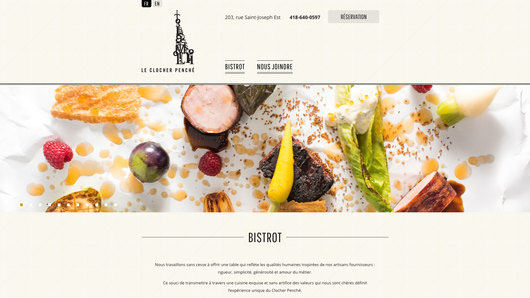 Présentation de la page d'accueil du site web du restaurant le Clocher Penché réalisé par iXmédia, mettant l'accent sur les produits alléchants