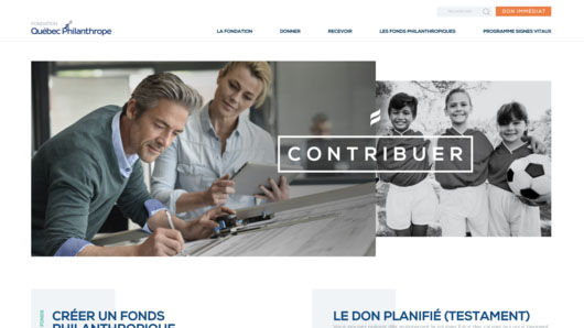 Présentation de la page d'accueil du site web conçu par iXmédia pour la Fondation Québec Philanthrope