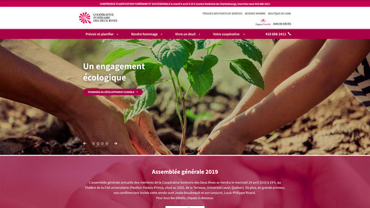 Présentation de la page d'accueil du site web réalisé par iXmédia pour la Coopérative funéraire des deux rives