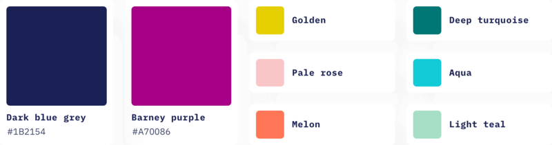 Représentation de la palette de couleurs intégrées au niveau site web d'iXmédia - dark blue grey, barney purple, golden, pale rose, melon, deep turquoise, aqua et light teal.