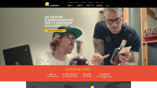 Présentation de la page d'accueil de la plateforme de sociofinancement web réalisé par iXmédia pour La Ruche