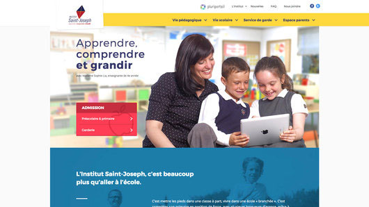 Iconographie web et ordinateur affichant la page d'accueil du site de l'Institut Saint-Joseph réalisé par iXmédia.