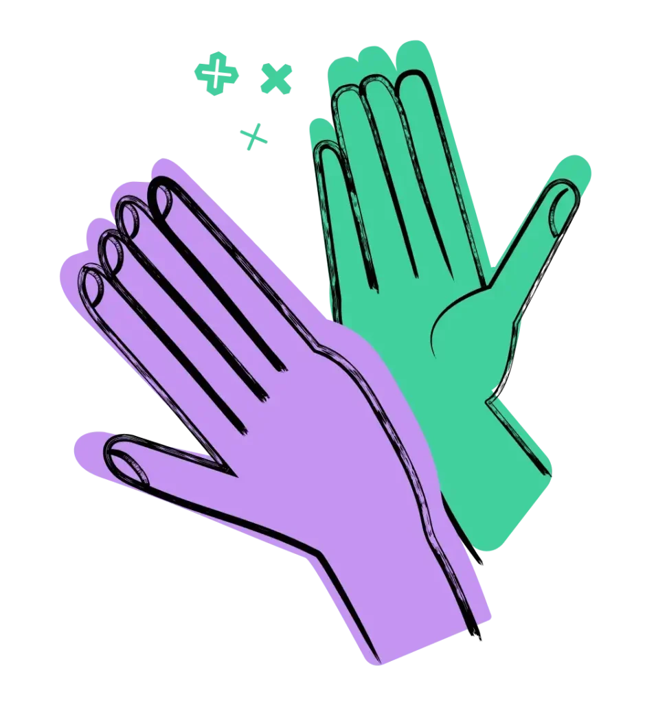 Illustration de deux mains colorées, l’une violette et l’autre verte, en train de se taper dans la paume.
