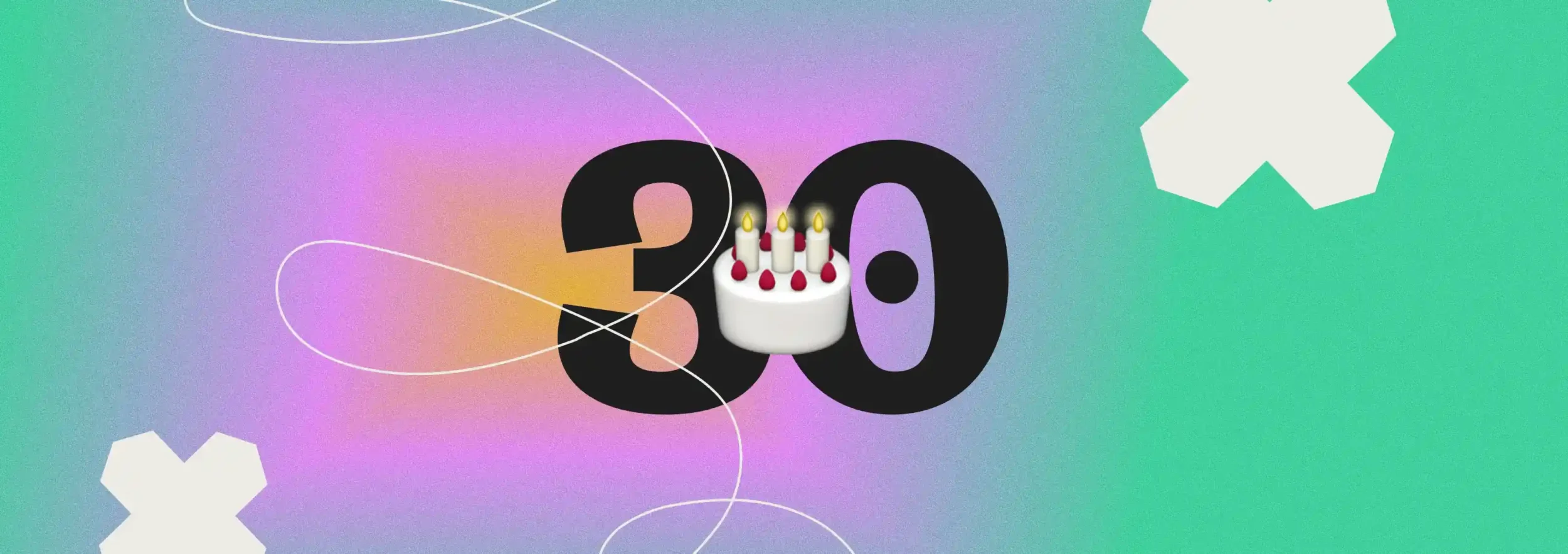 Illustration du chiffre 30 avec un gâteau d'anniversaire par dessus.