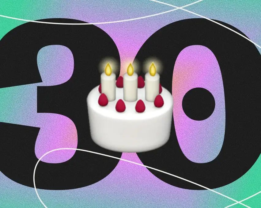 Illustration du chiffre 30 avec un gâteau d'anniversaire par dessus.