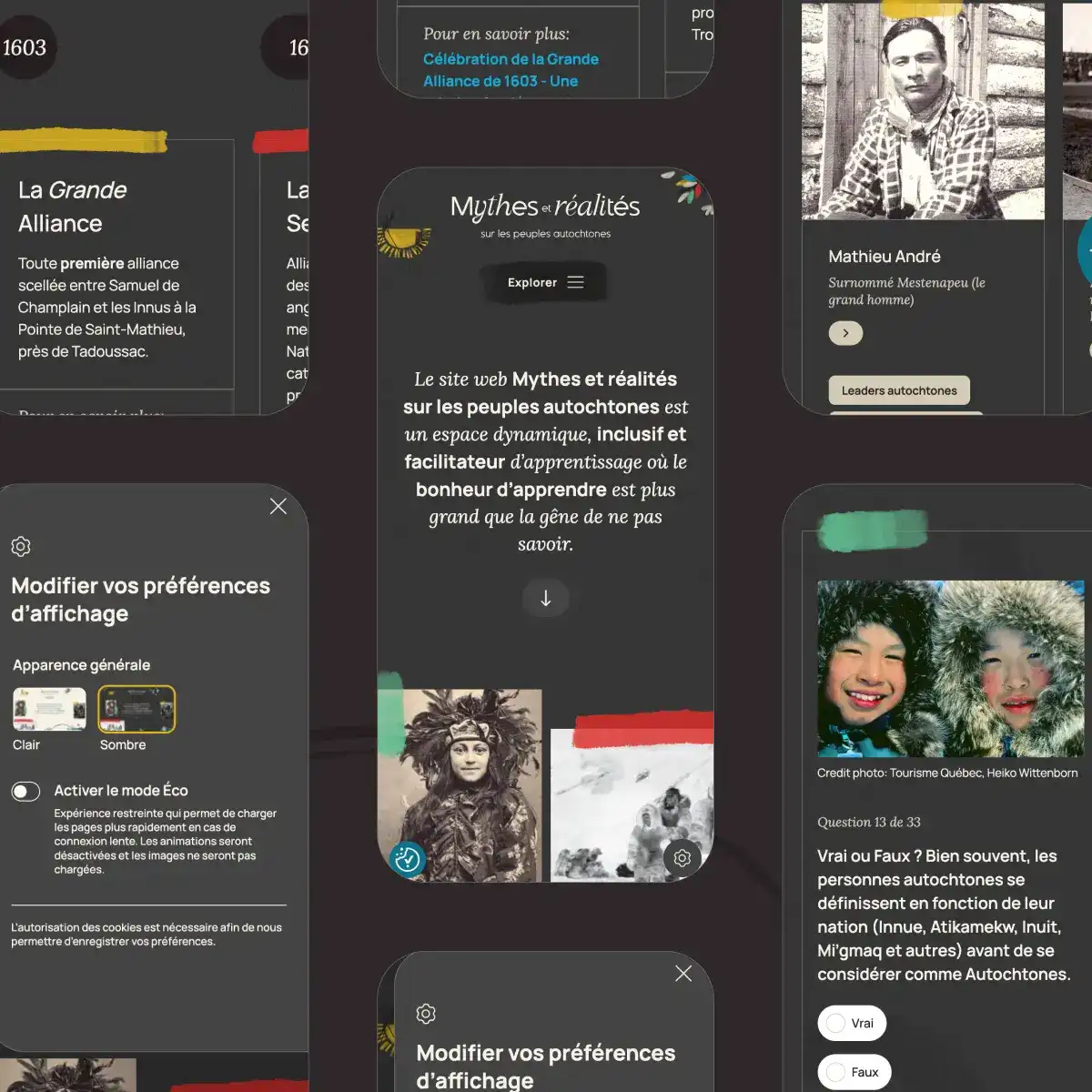 Plusieurs interfaces mobiles du site Mythes et réalités.