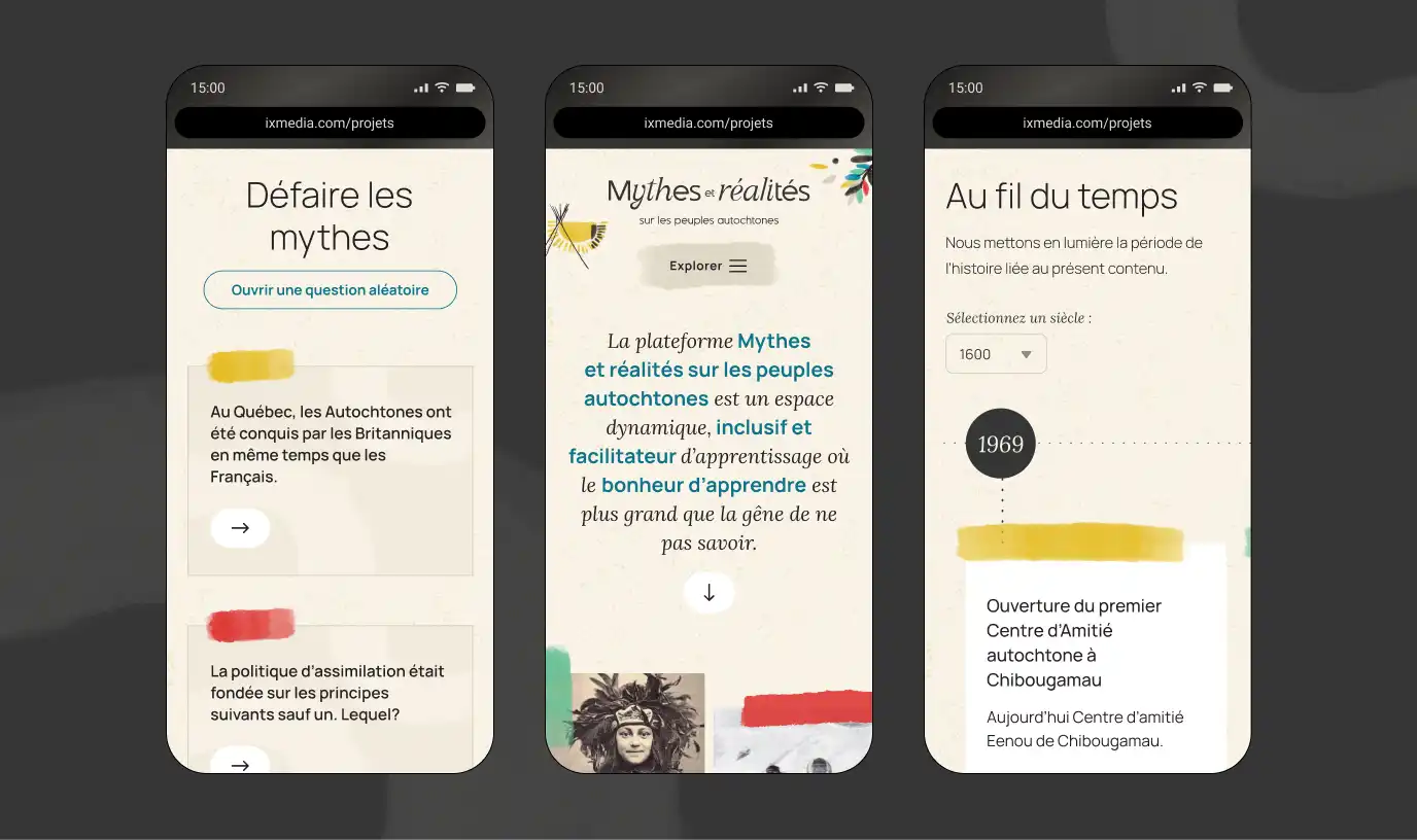 3 appareils mobiles montrant le visuel du quizz sur le site Mythes et Réalités.