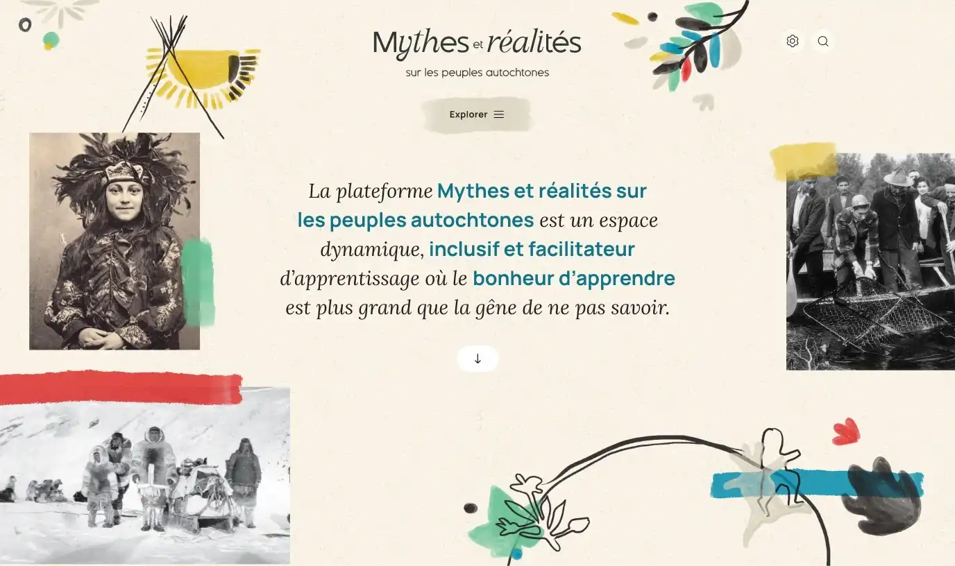 Accueil du site Mythes et réalités où on y voit des photos et des illustrations autochtones.