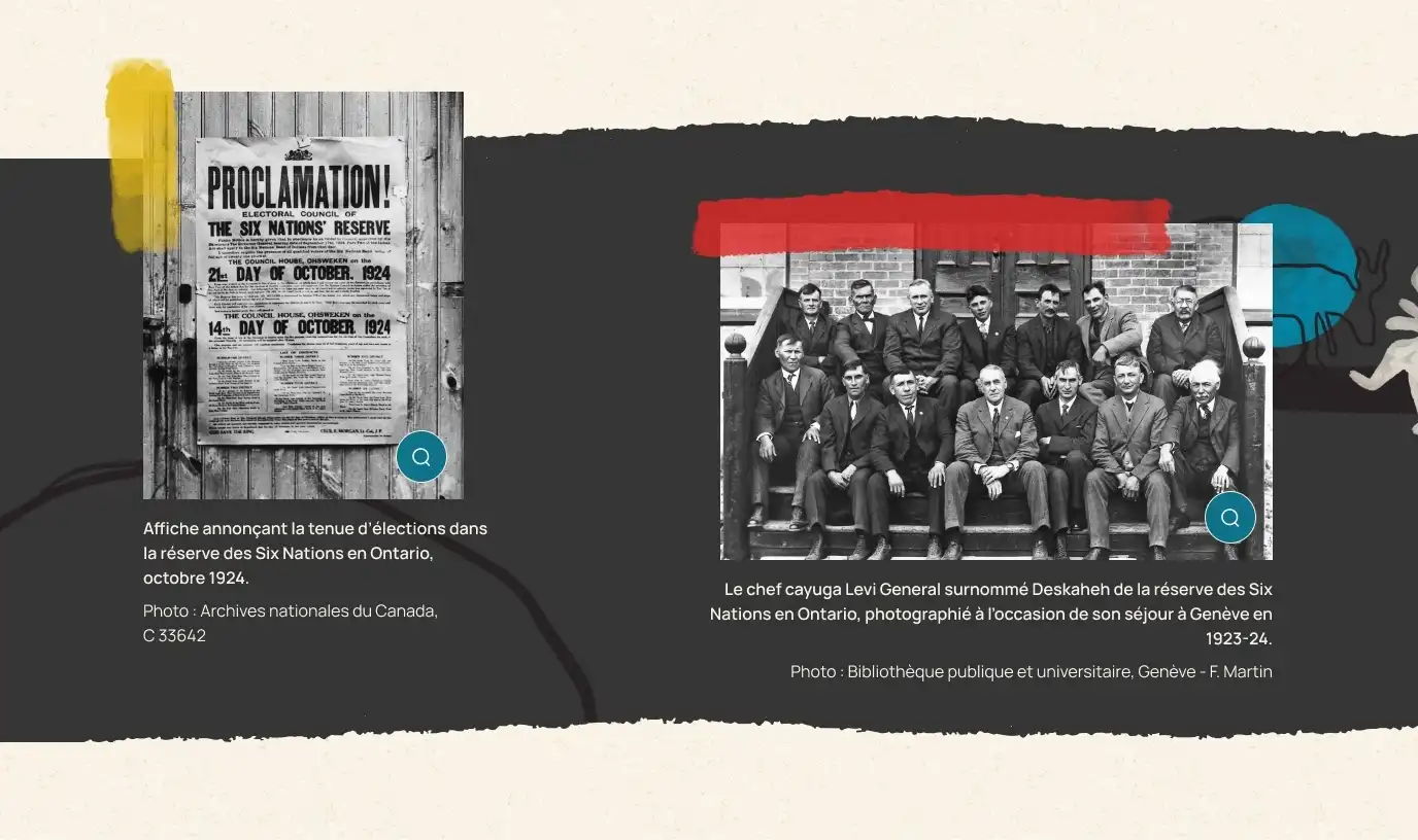 Interface montrant une affiche annonçant des élections d'une réserve et une autre d'un chef avec un groupe d'hommes en 1923 à Genève.