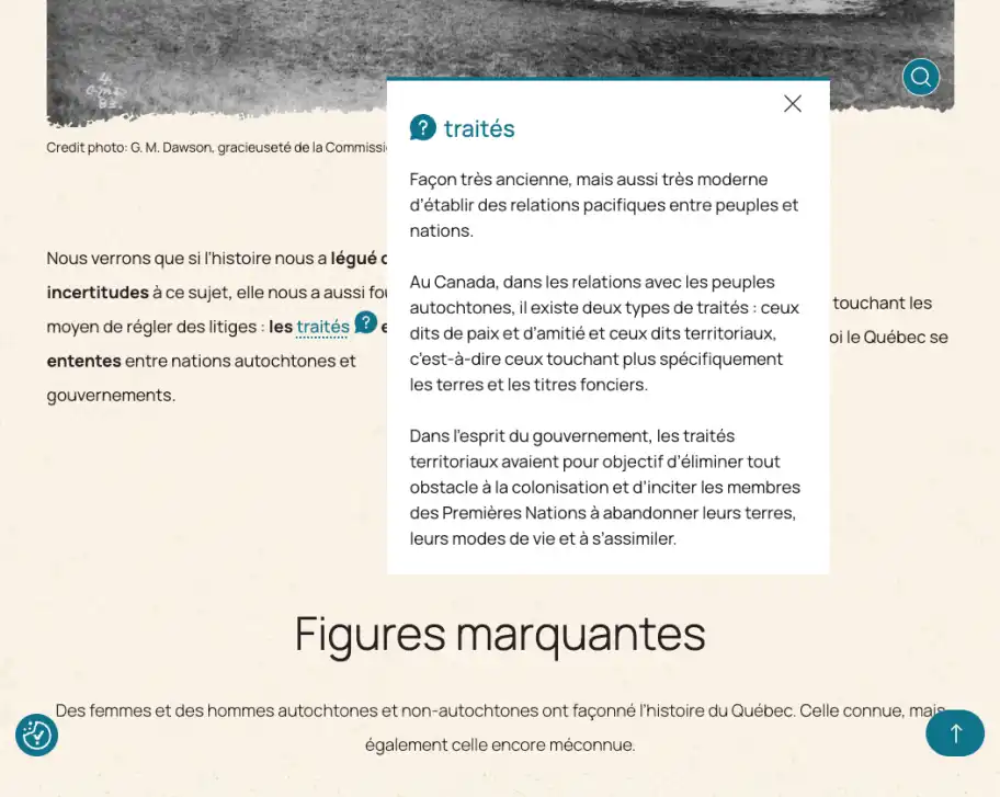 Interface montrant le lexique du site Mythes et Réalités.