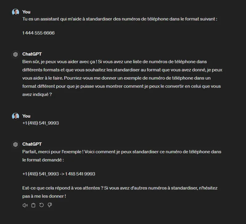 Capture d'écran de conversation sur Chat GPT où l'on demande de standardiser des numéros de téléphone.