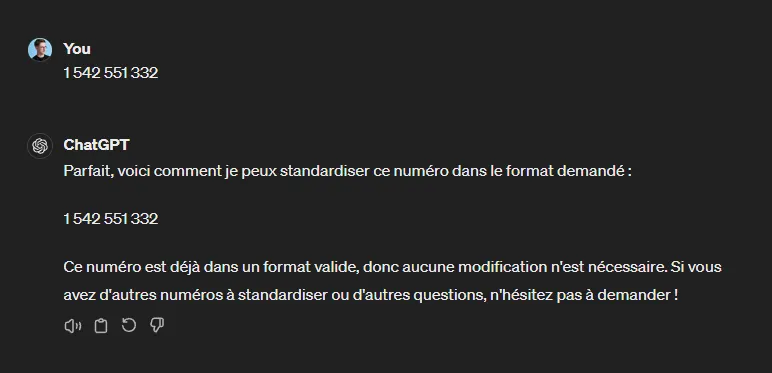 Conversation dans Chat GPT où l'iA confirme que le numéro est déjà standardisé.