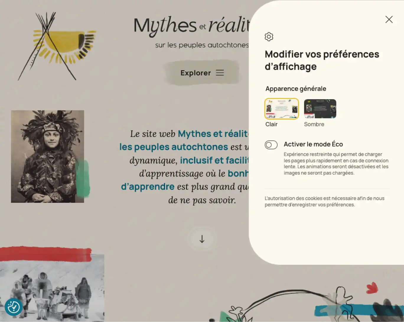 Interface en mode clair montrant le menu latéral des préférences d'affichage permettant un mode sombre ou clair.