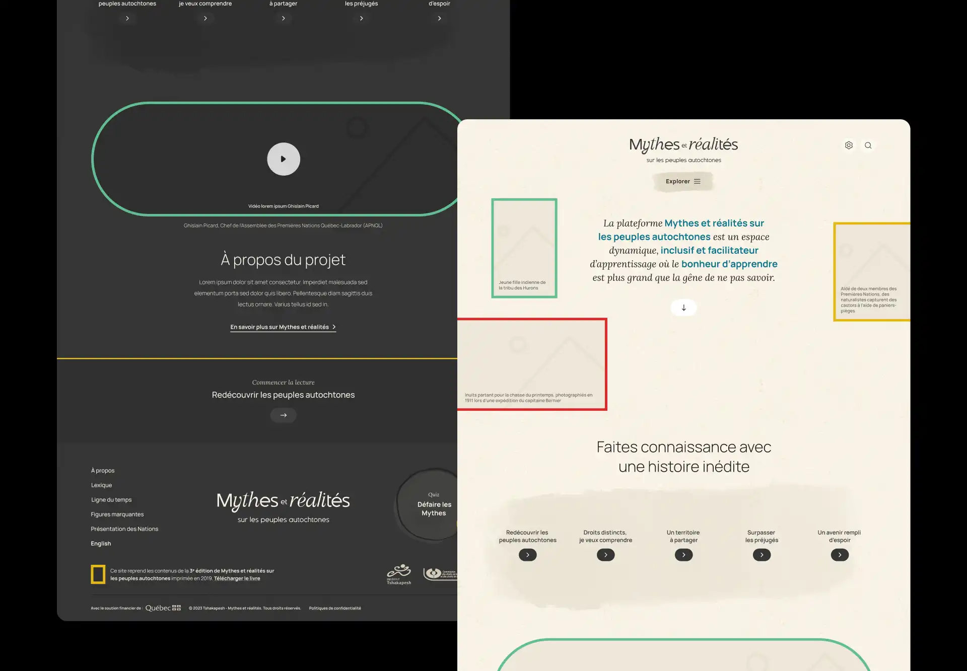 Interfaces en mode clair et sombre montrant le mode écologique qui masque les photographies et affiche des boîtes avec un contour de couleur.