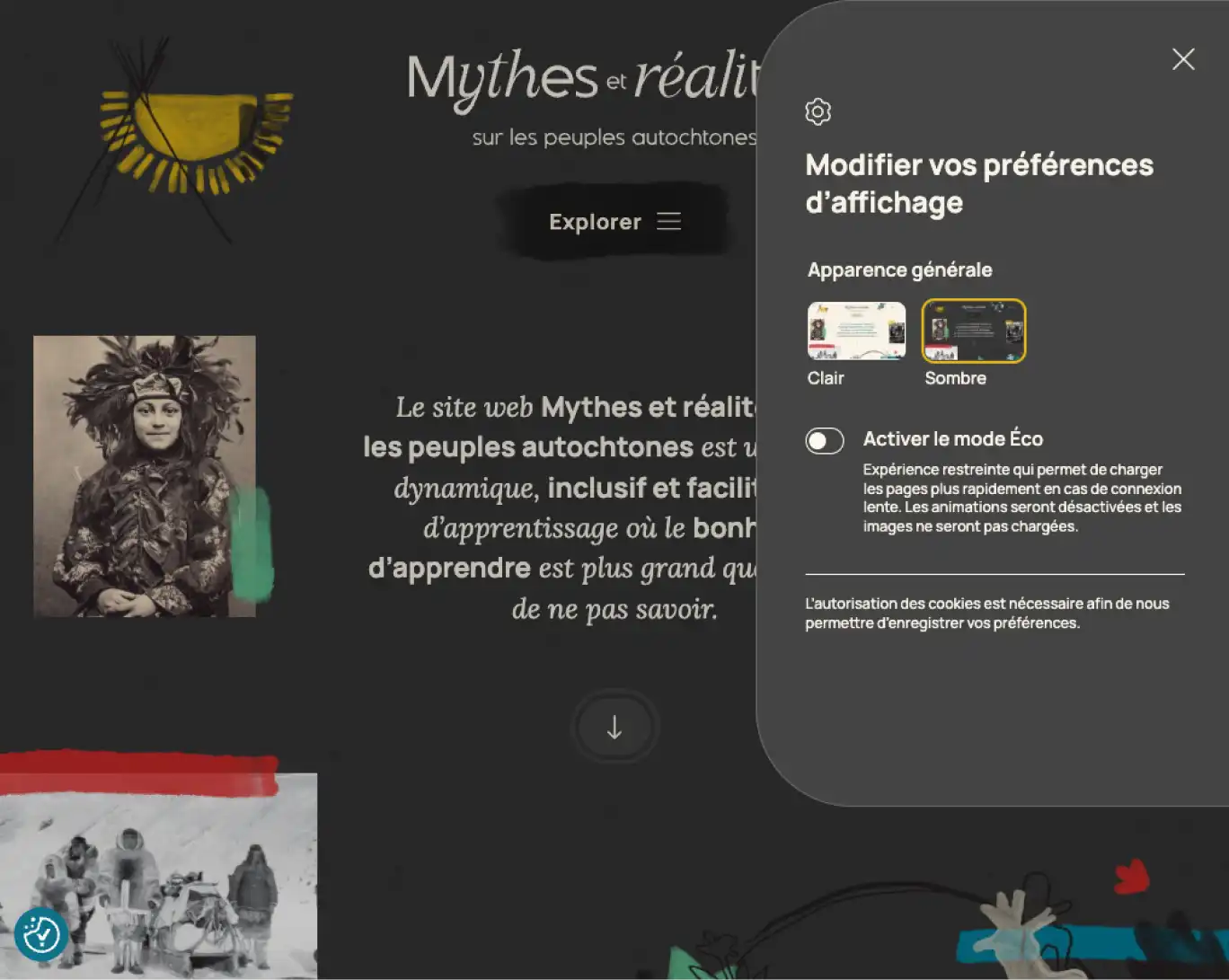 Interface en mode sombre montrant le menu latéral des préférences d'affichage permettant un mode sombre ou clair.