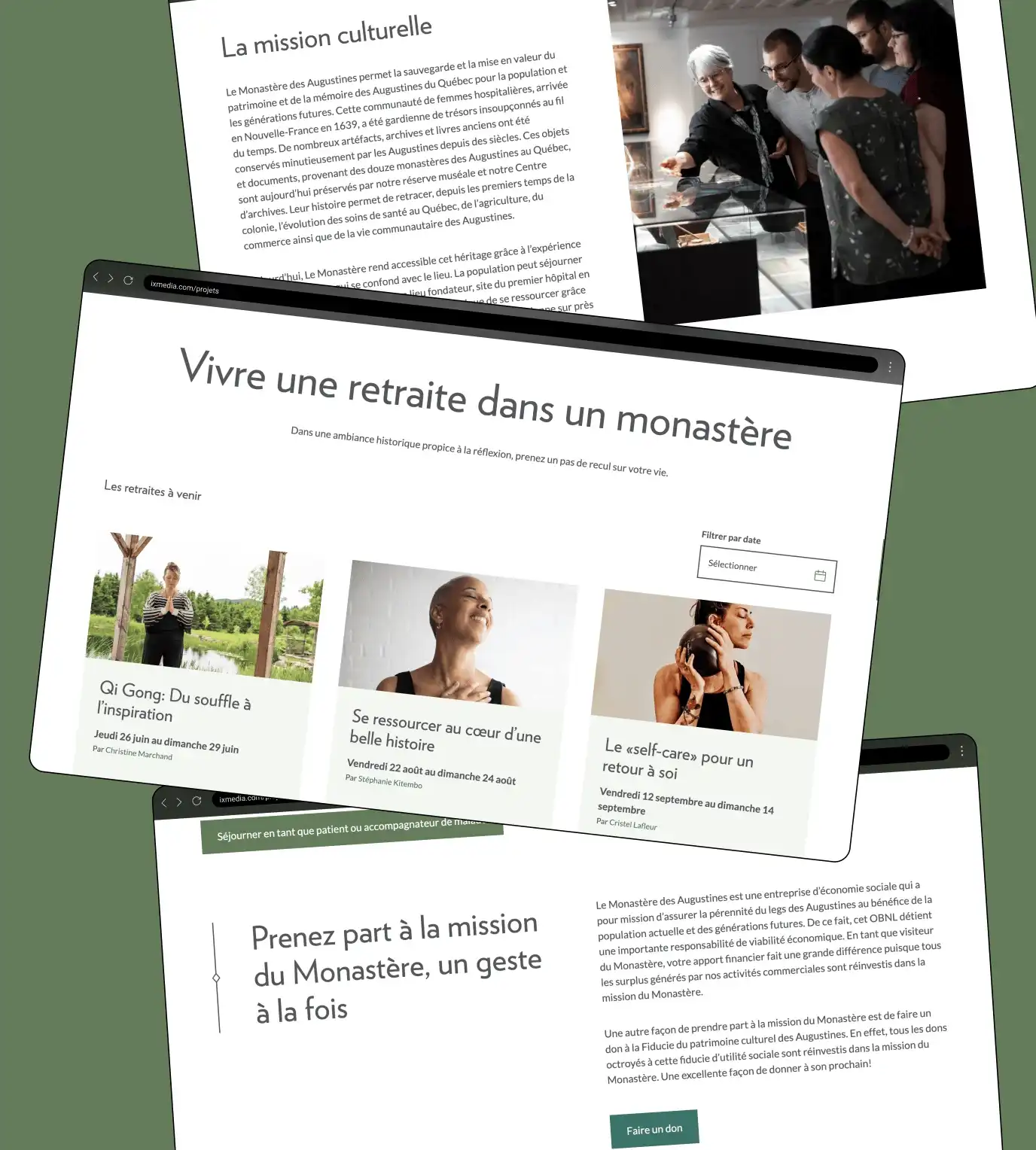 Interfaces du site du Monastère des augustines où on y voit les différentes retraites offertes.