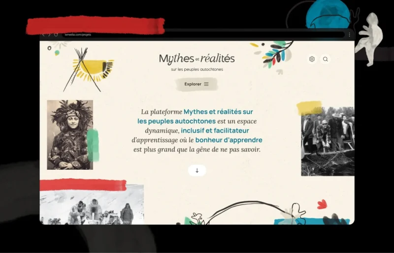 Maquette de l'accueil du site Mythes et réalités où on y voit des photos et illustrations autochtones.