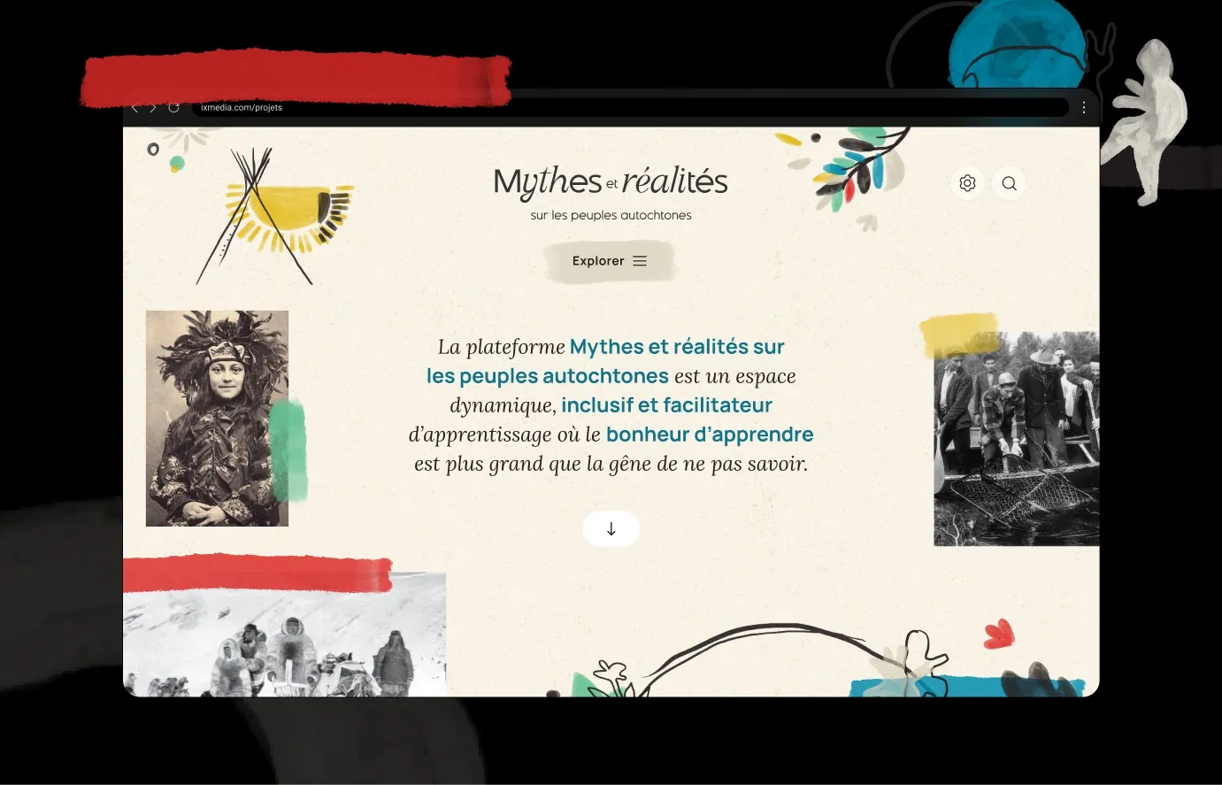 Maquette de l'accueil du site Mythes et réalités où on y voit des photos et illustrations autochtones.