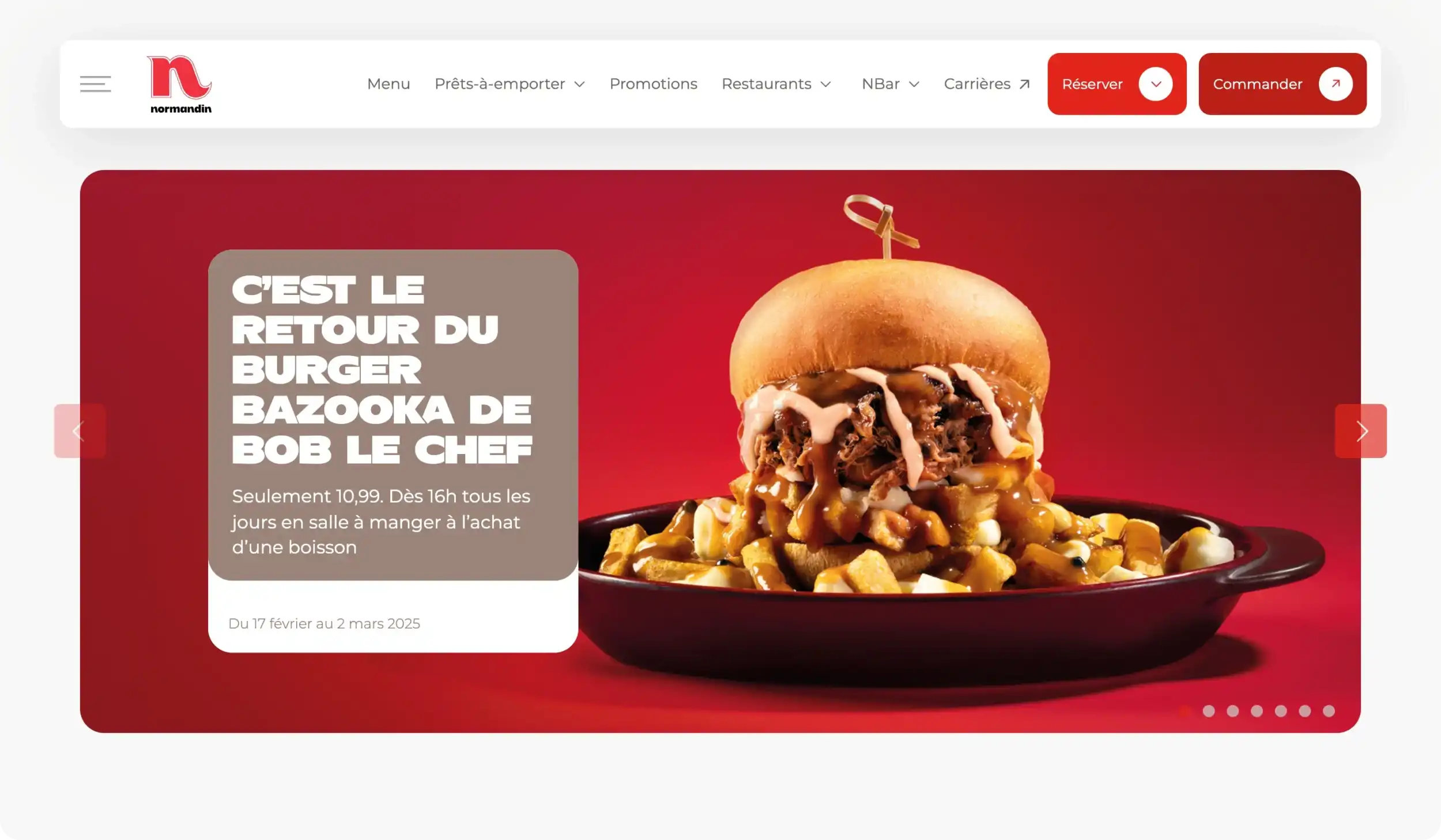 Accueil du site Normandin restaurant où on y voit un hamburger sur une poutine.