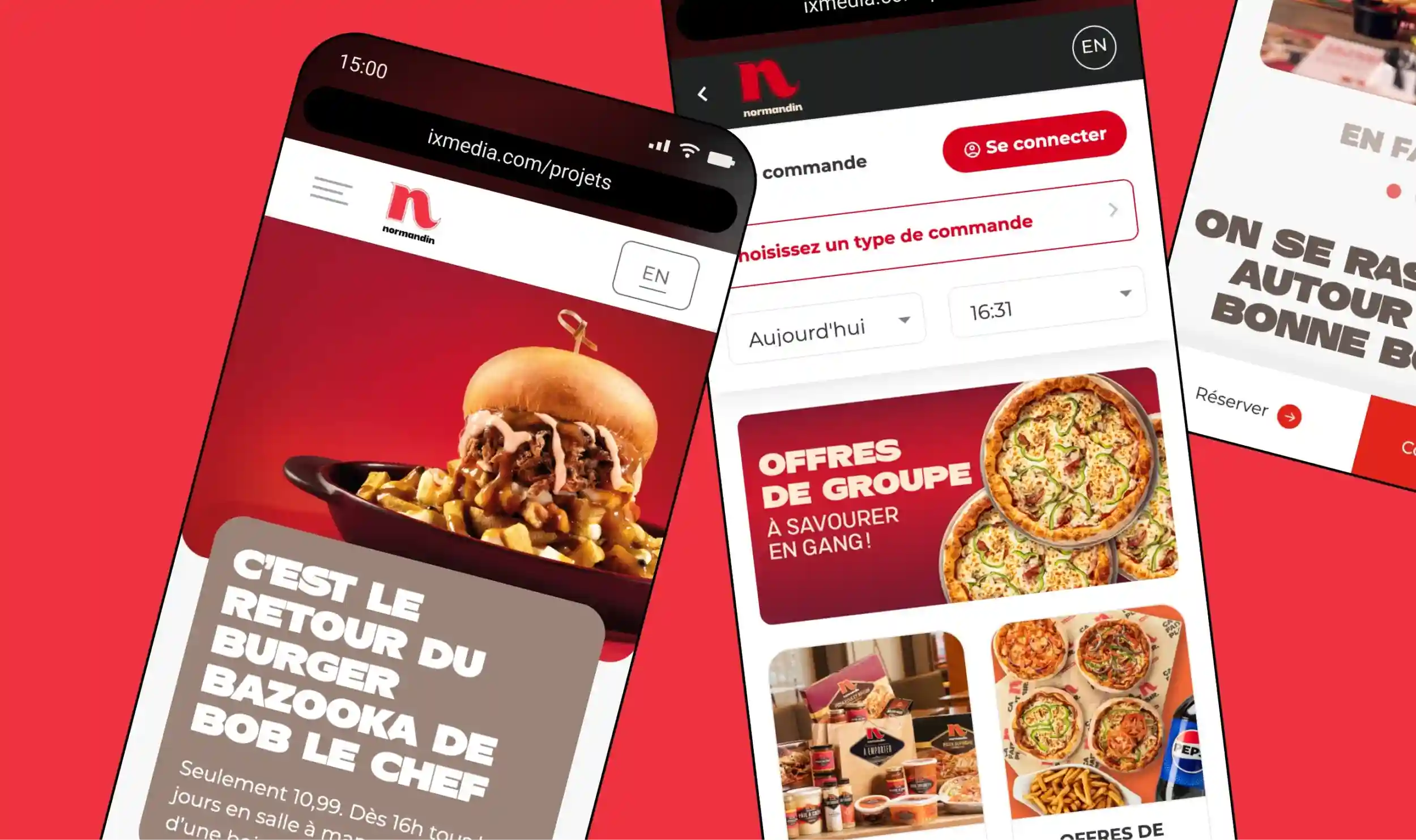 2 appareils mobiles du site Normandin restaurant où on y voit un hamburger sur une poutine en entête sur un et une pizza sur l'autre.