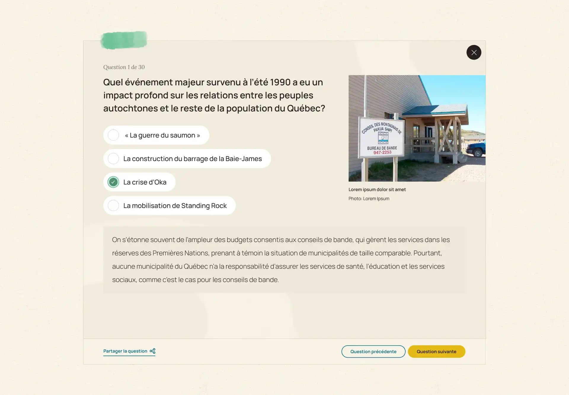 Interface montrant le questionnaire du site Mythes et Réalités.