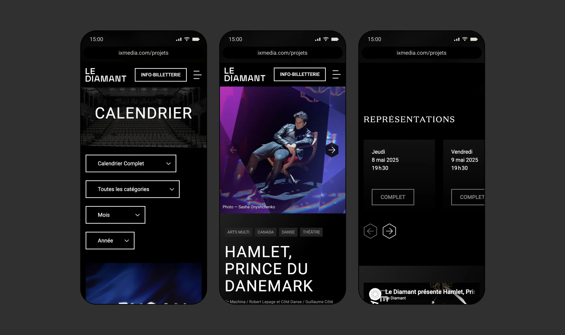 Maquettes présentant l'interface du calendrier du site Le Diamant et la fiche du spectacle de théâtre « Hamlet prince du Danemark ».