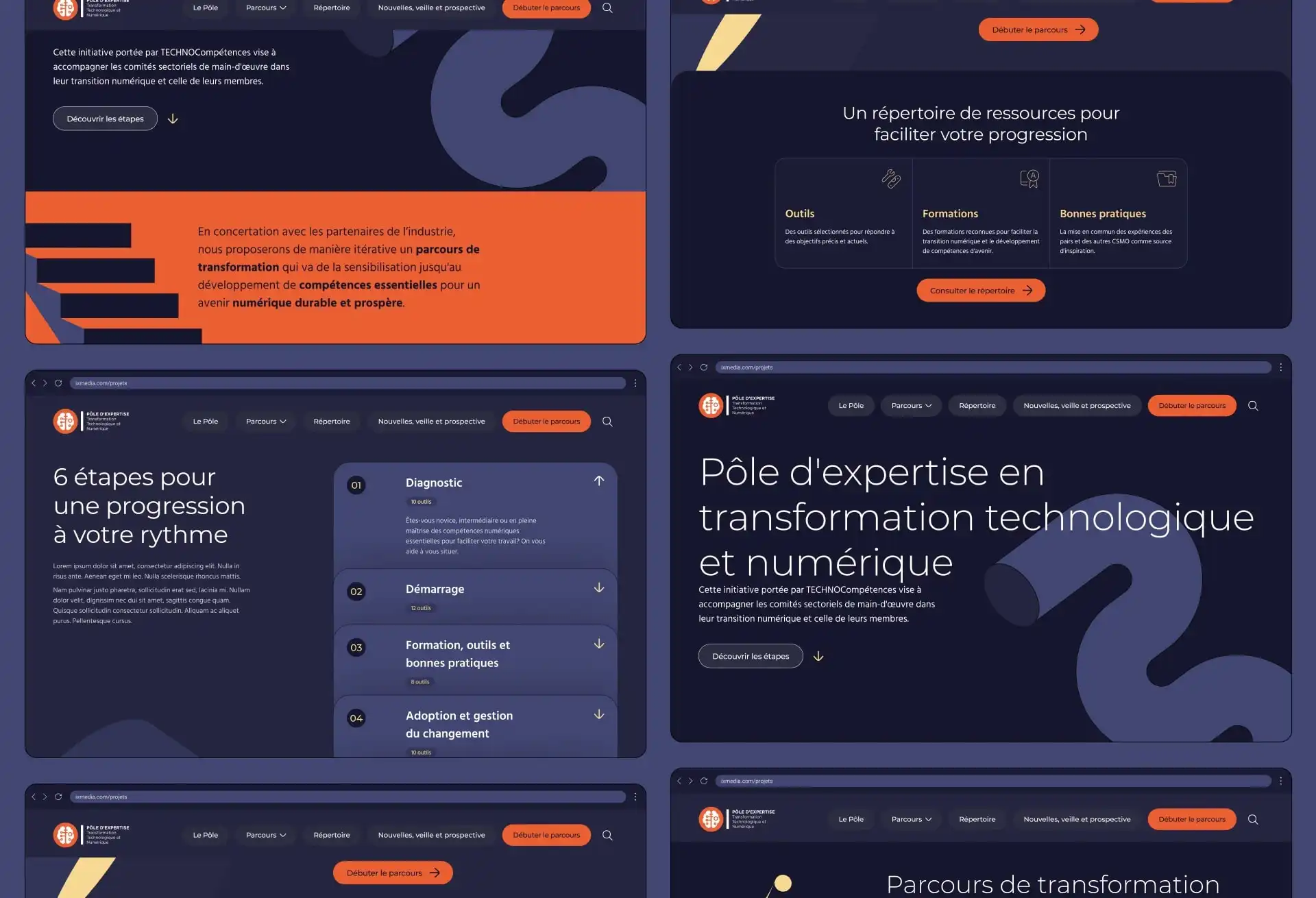 Plusieurs interfaces montrant le site du Pôle d’expertise en transformation technologique et numérique.