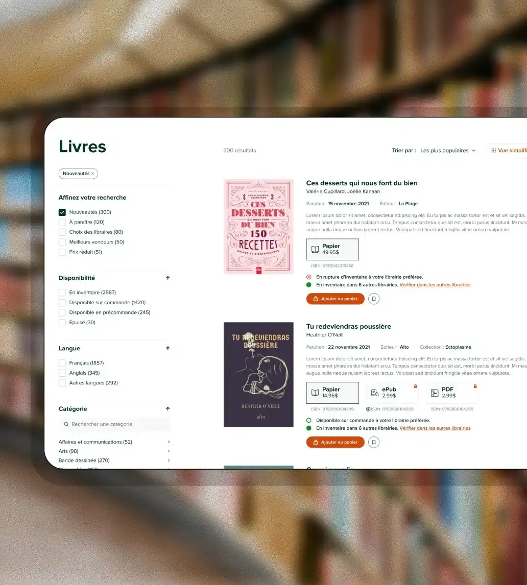 Maquette présentant l'interface d'une boutique en ligne de livres.