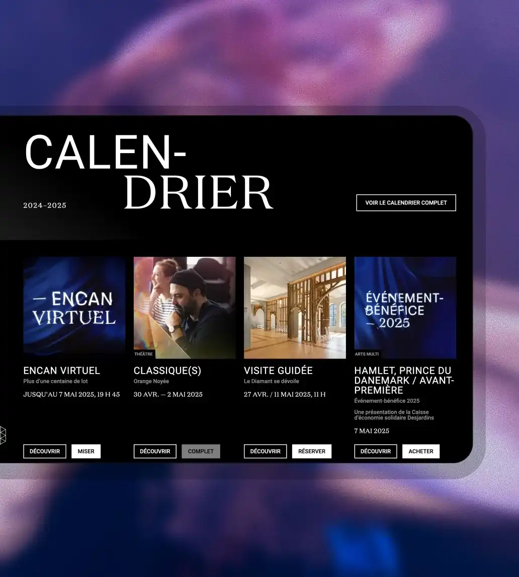 Maquette présentant l'interface du calendrier du site Le Diamant.