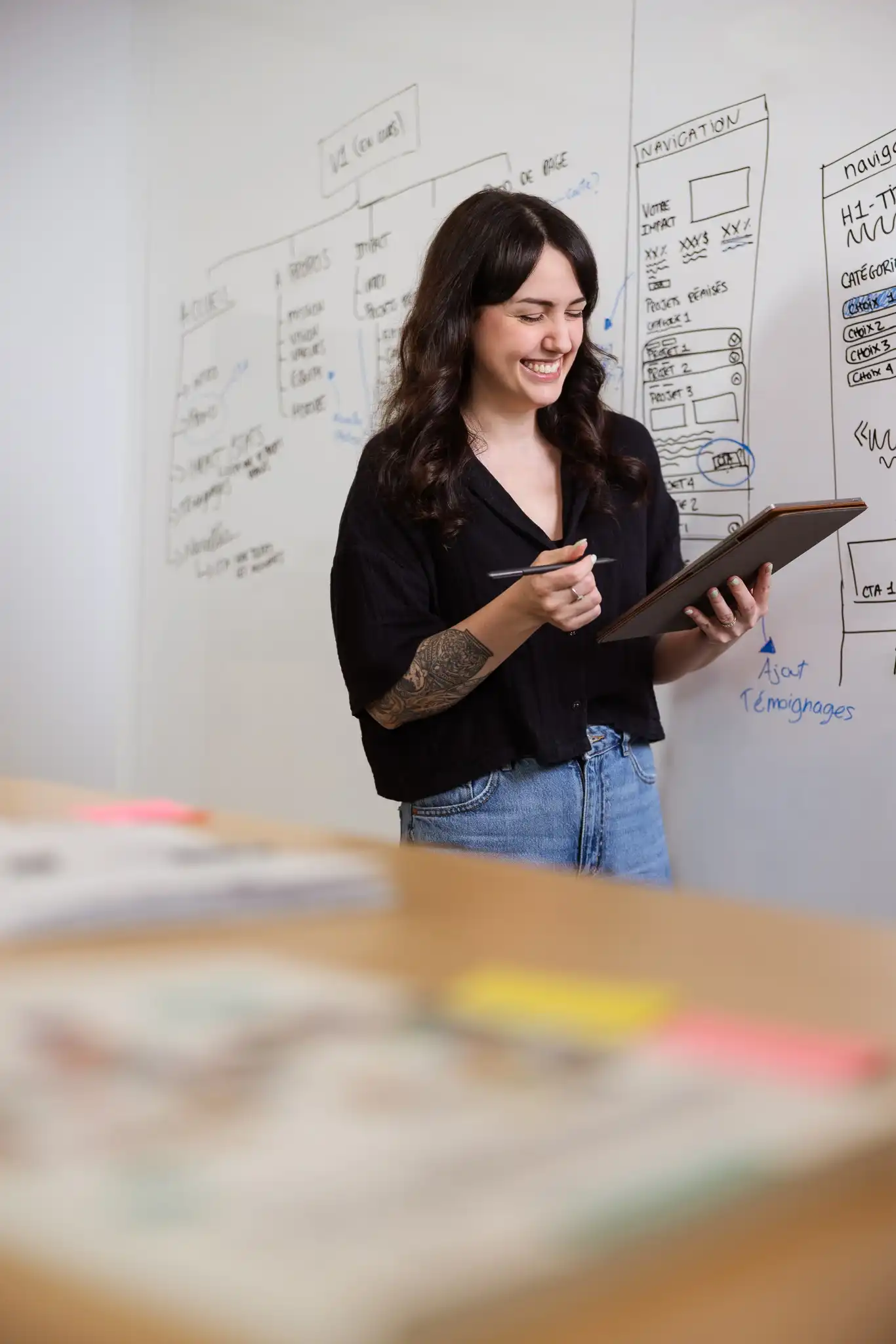 Femme souriante qui travaille sur une cartographie sur tableau blanc.
