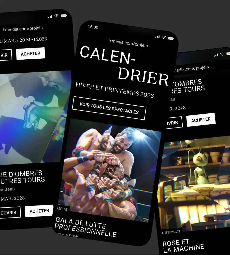 Appareils mobiles présentant l'interface du calendrier du site Le Diamant où on y voit une photo du gala de lutte.