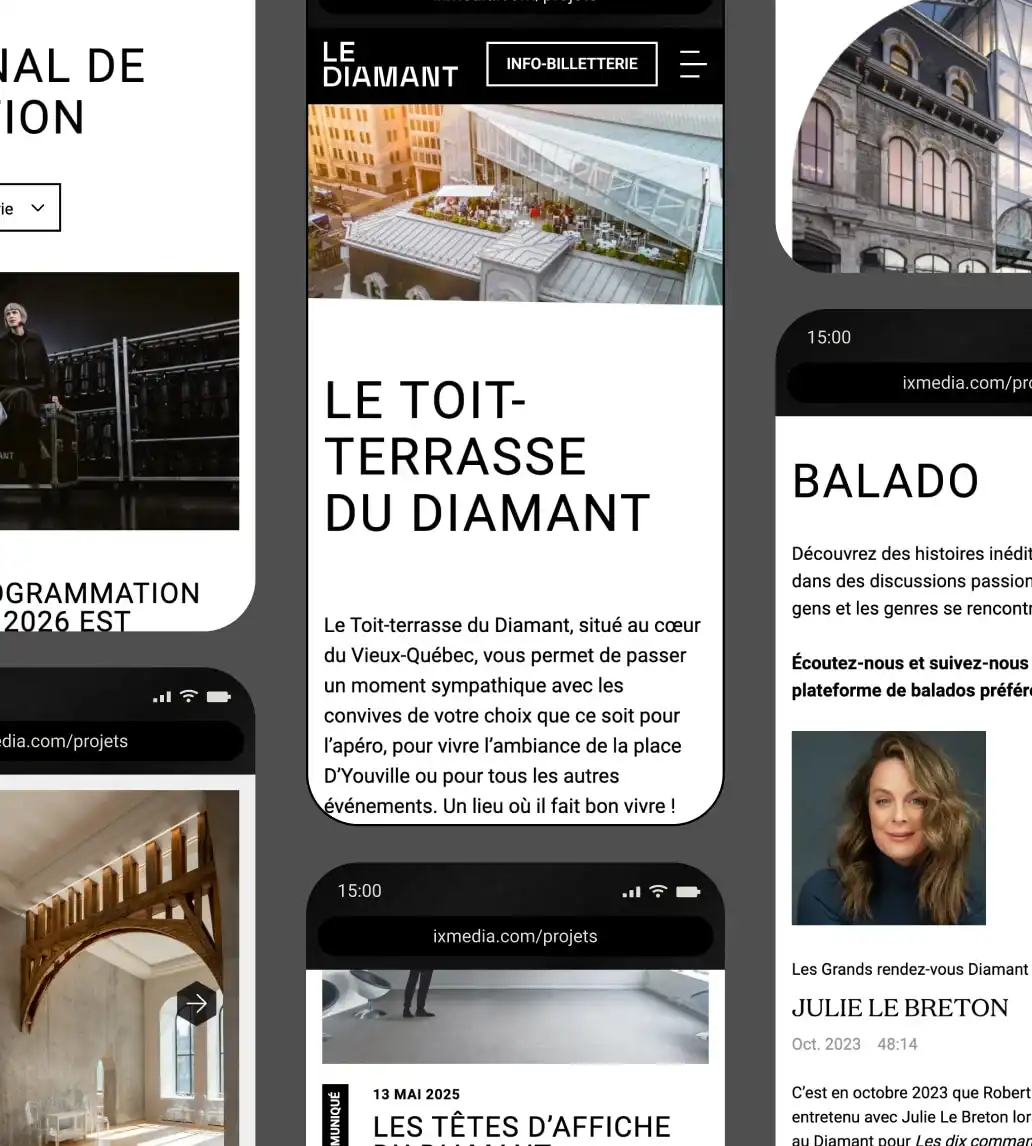 Appareils mobiles montrant le style graphique du site Le Diamant à travers plusieurs pages.