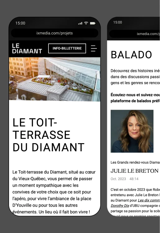 Appareils mobiles montrant le style graphique du site Le Diamant à travers plusieurs pages.