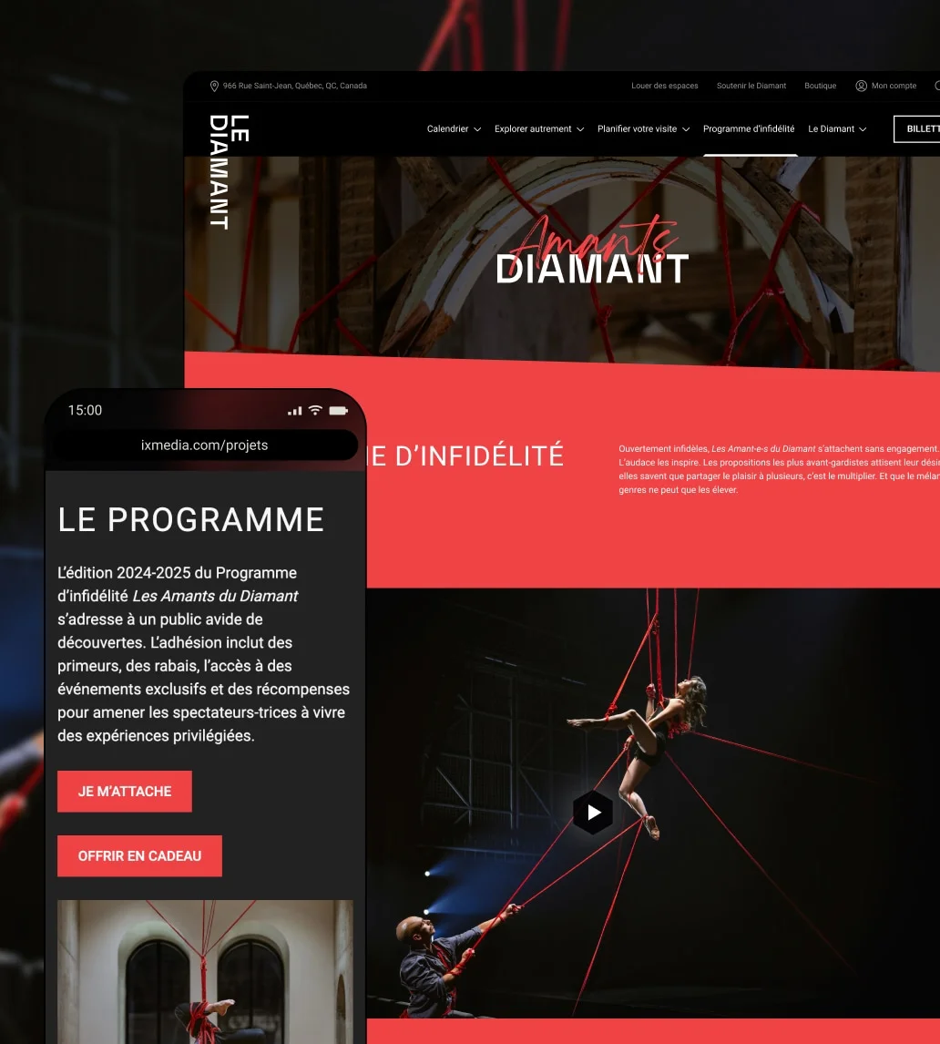 Maquette de la page sur le programme d'infidélité du théâtre Le Diamant.