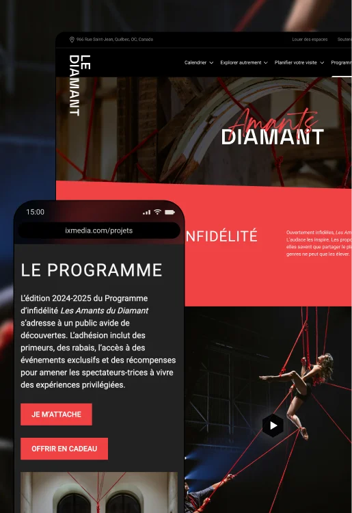 Appareils mobiles montrant le style graphique du site Le Diamant à travers plusieurs pages.