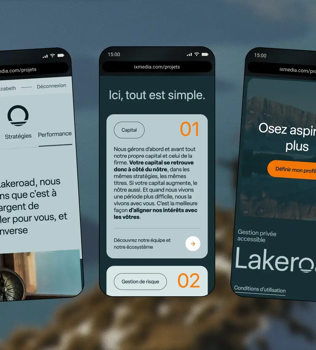 3 maquettes d'interface mobile montrant diverses pages du site Lakeroad.