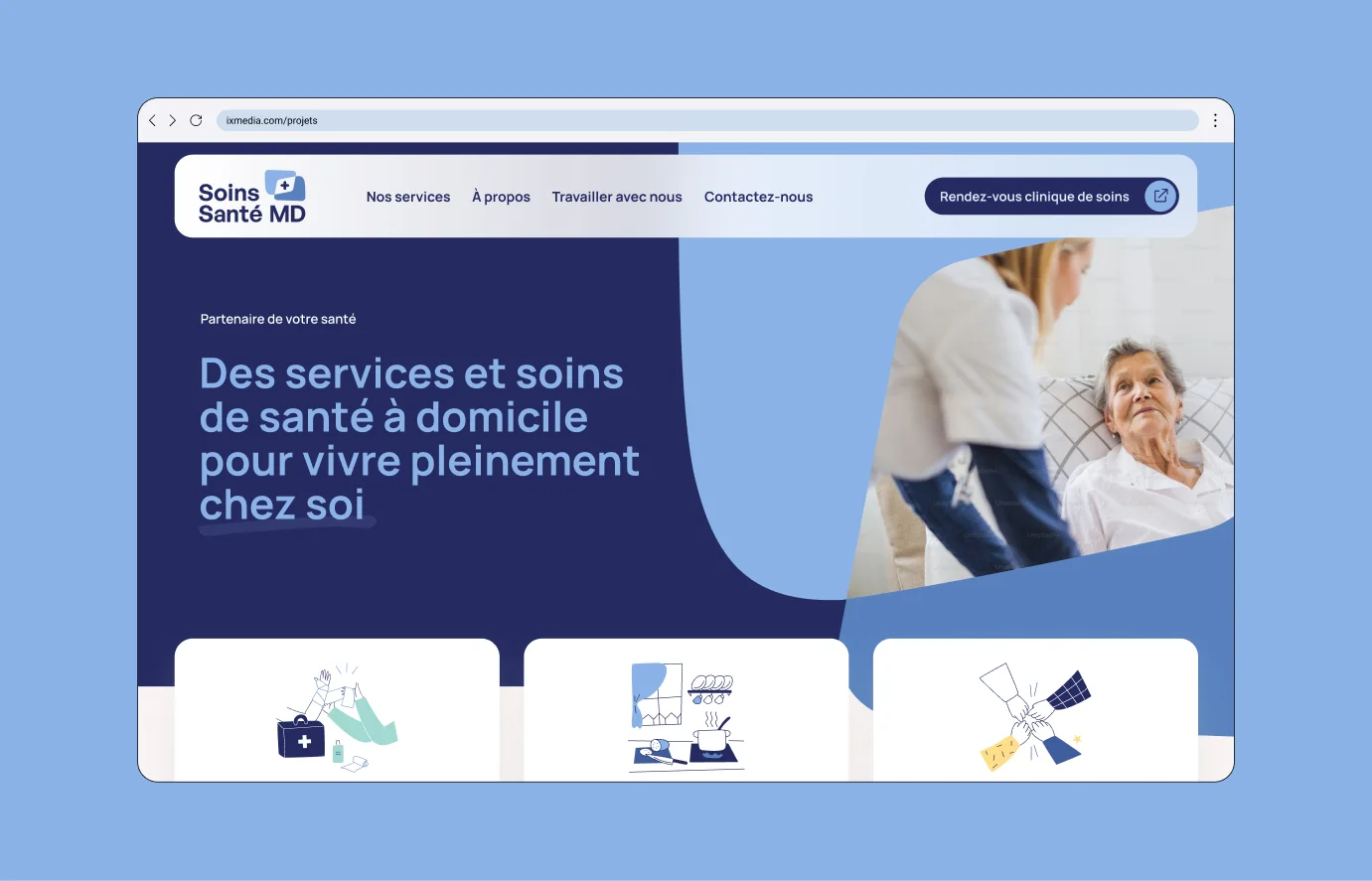 Accueil du site Soins de santé MD où on y voit une infirmière vue de dos aider une patiente.