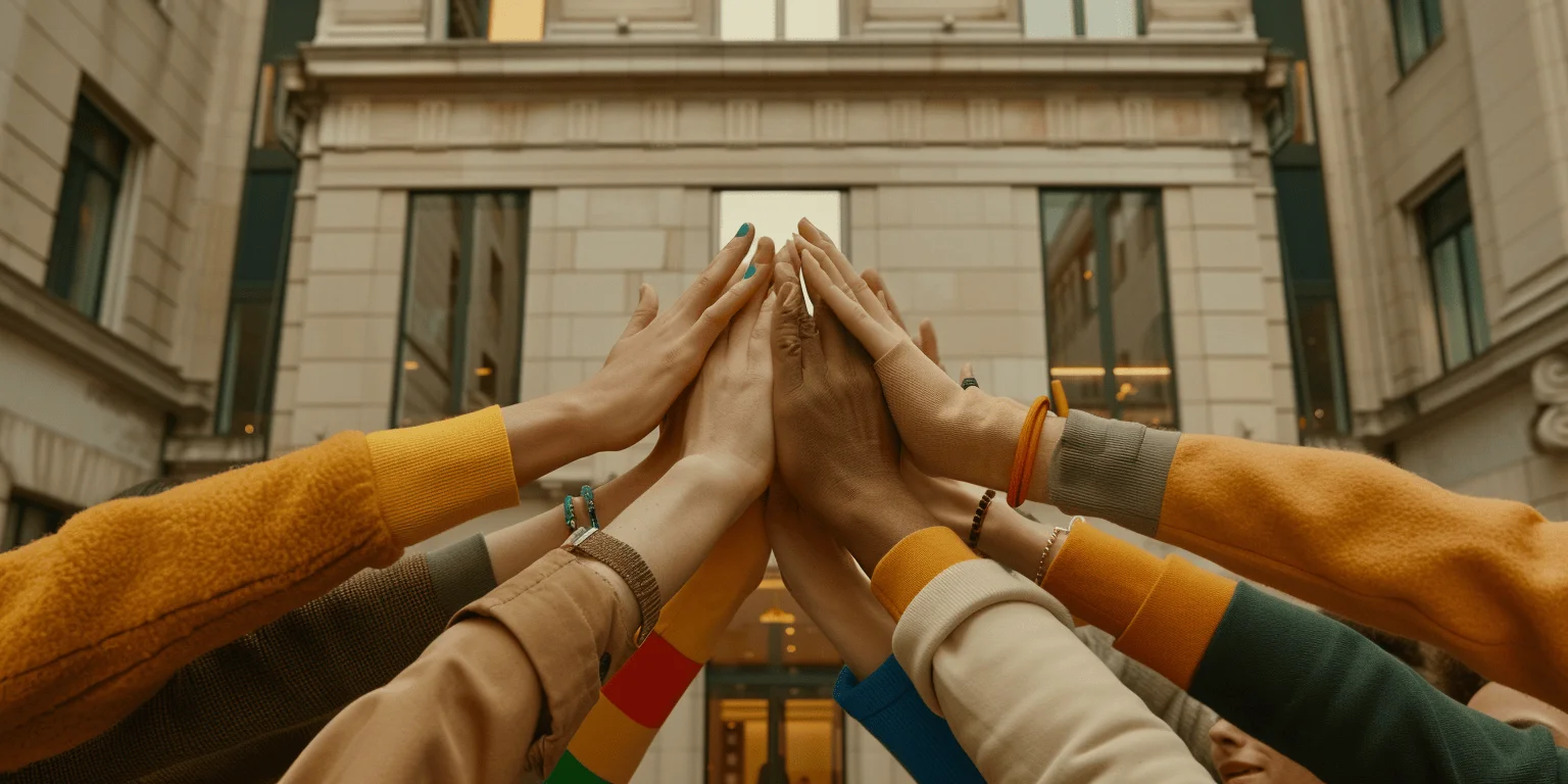Gros plan sur des mains colorées qui célèbrent une victoire collective