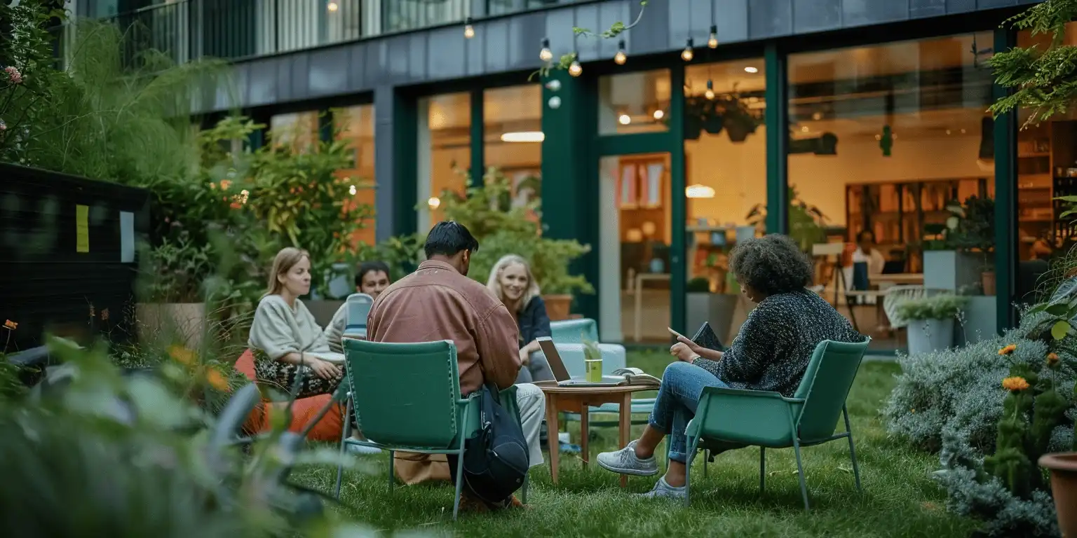 Des étudiantes et étudiants assis en rond à l'extérieur sur un campus universitaire en été.
