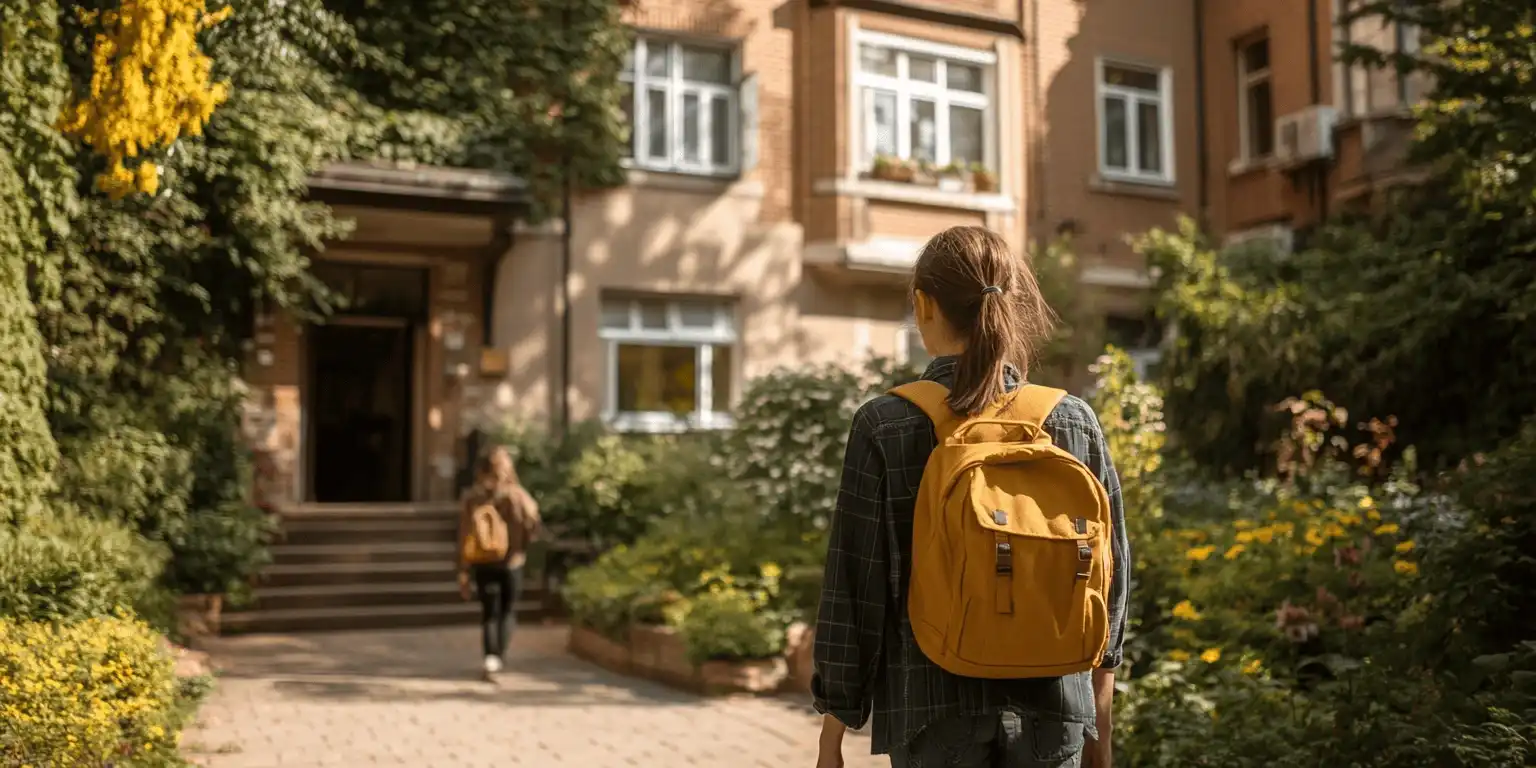 Jeune femme vue de dos avec un sac à dos jaune qui s'approche d'un établissement scolaire avec beaucoup de verdure.