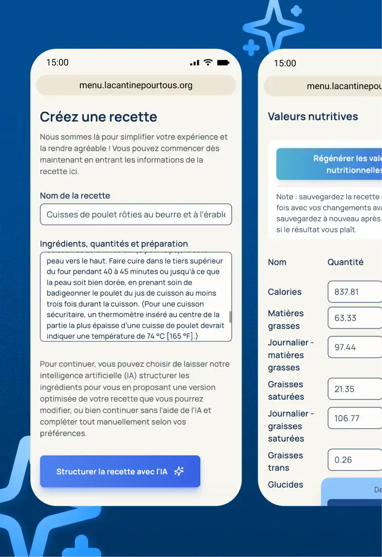 Maquette format mobile présentation l'utilisation de l'intelligence artificielle pour uniformiser les recettes sur le nouvelle plateforme de commande de repas de La Cantine pour tous.