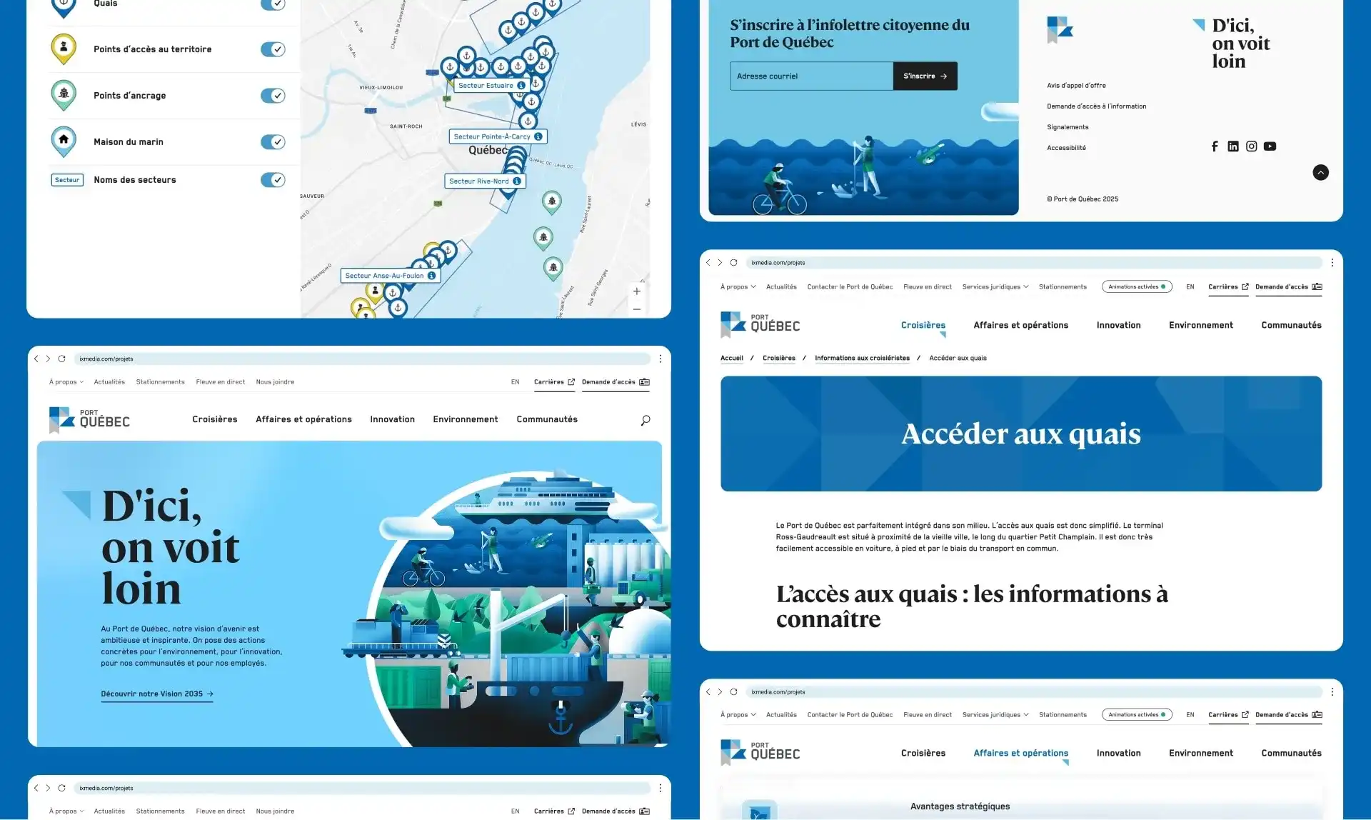 4 maquettes présentants des pages du site du Port du Québec. On y voit l'accueil, la carte interactive et une page de contenu sur l'accès aux quais.