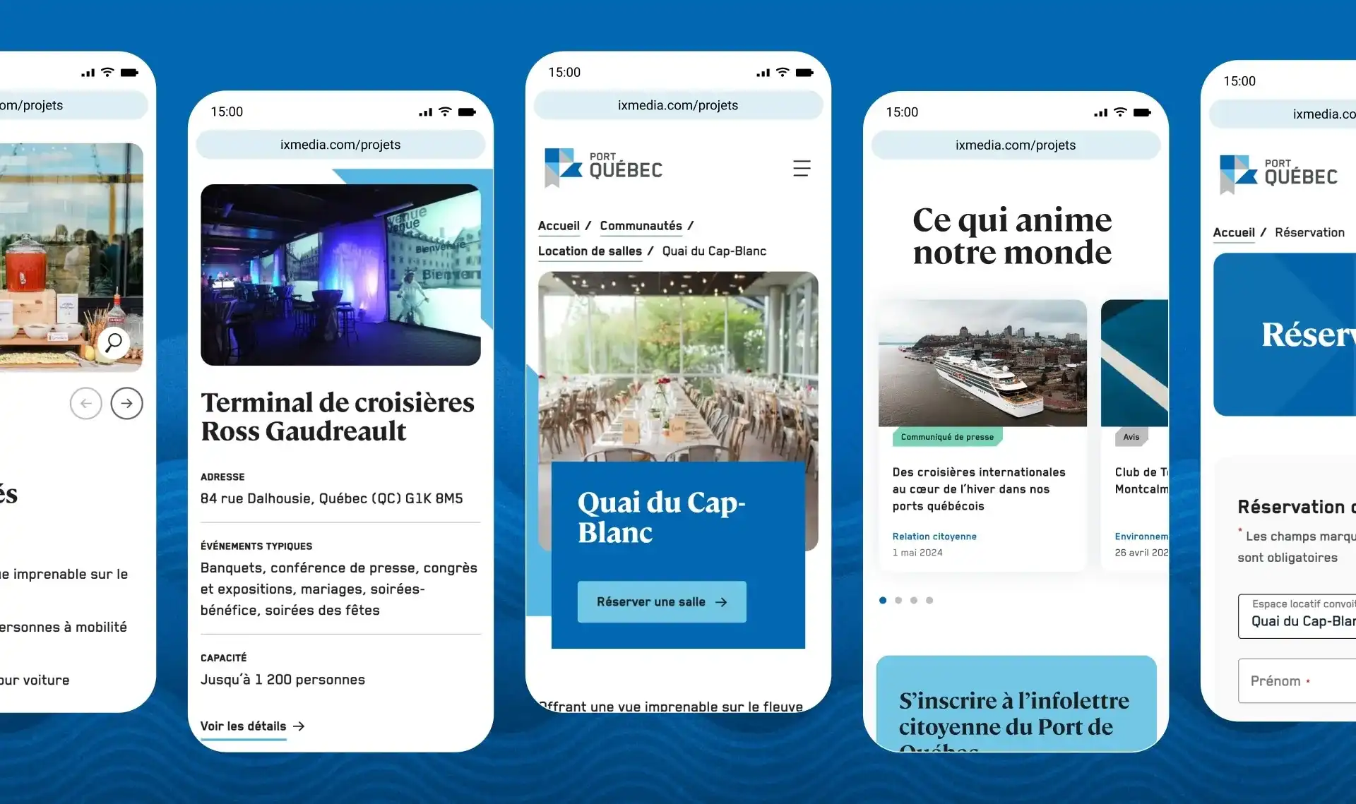 Série d'appareil mobile montrant les pages descriptives des divers lieux locatifs par le Port de Québec.