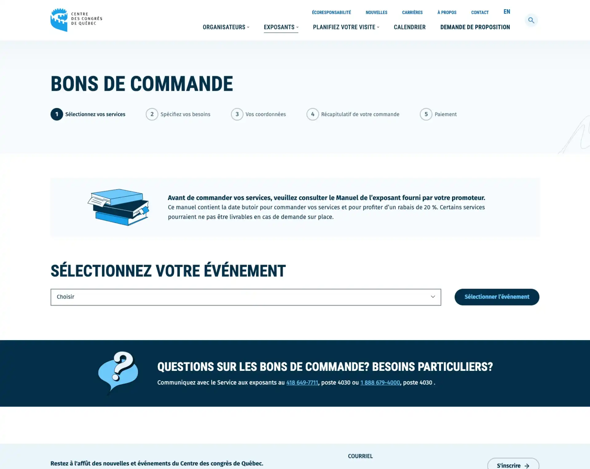 Interface montrant la page de bon de commande du site du Centre des congrès de Québec.