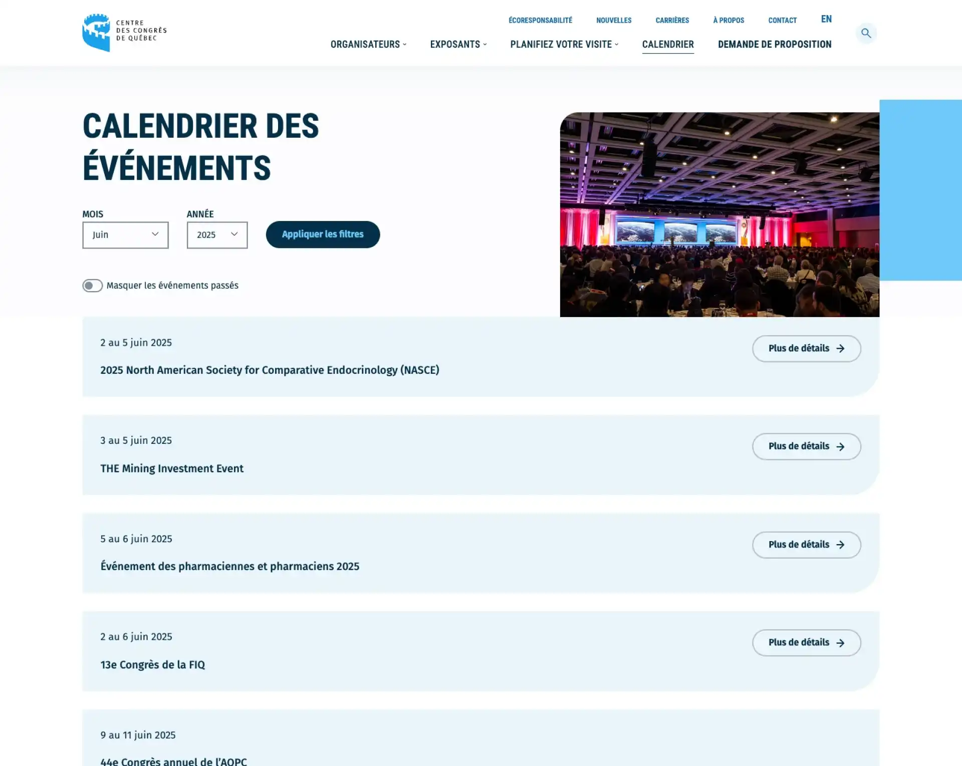 Interface montrant le calendrier des événements site du Centre des congrès de Québec.