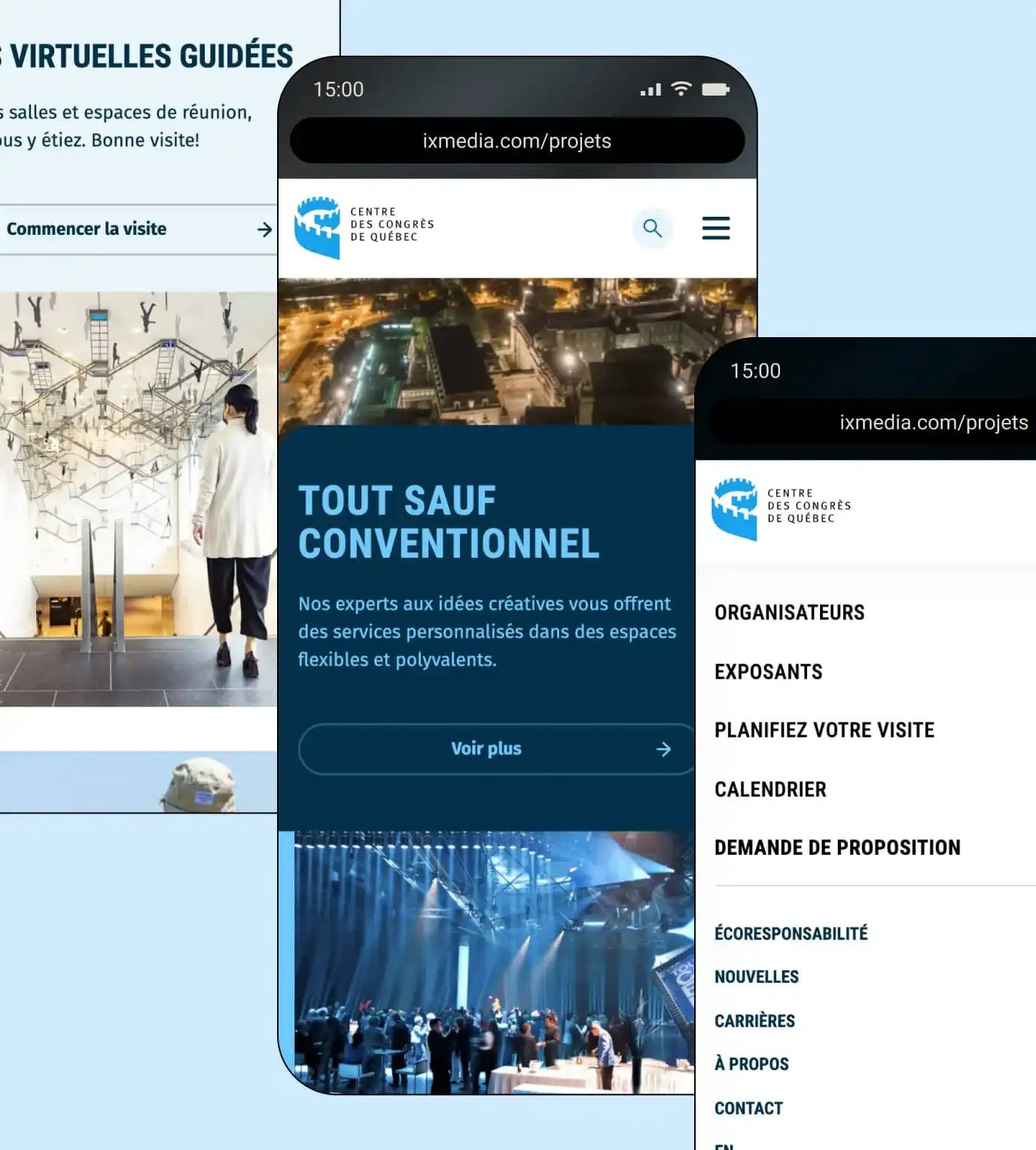 Appareils mobiles montrant le style graphique du site du Centre des congrès de Québec.