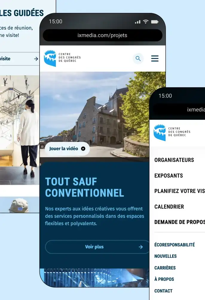 Appareils mobiles montrant le style graphique du site du Centre des congrès de Québec.