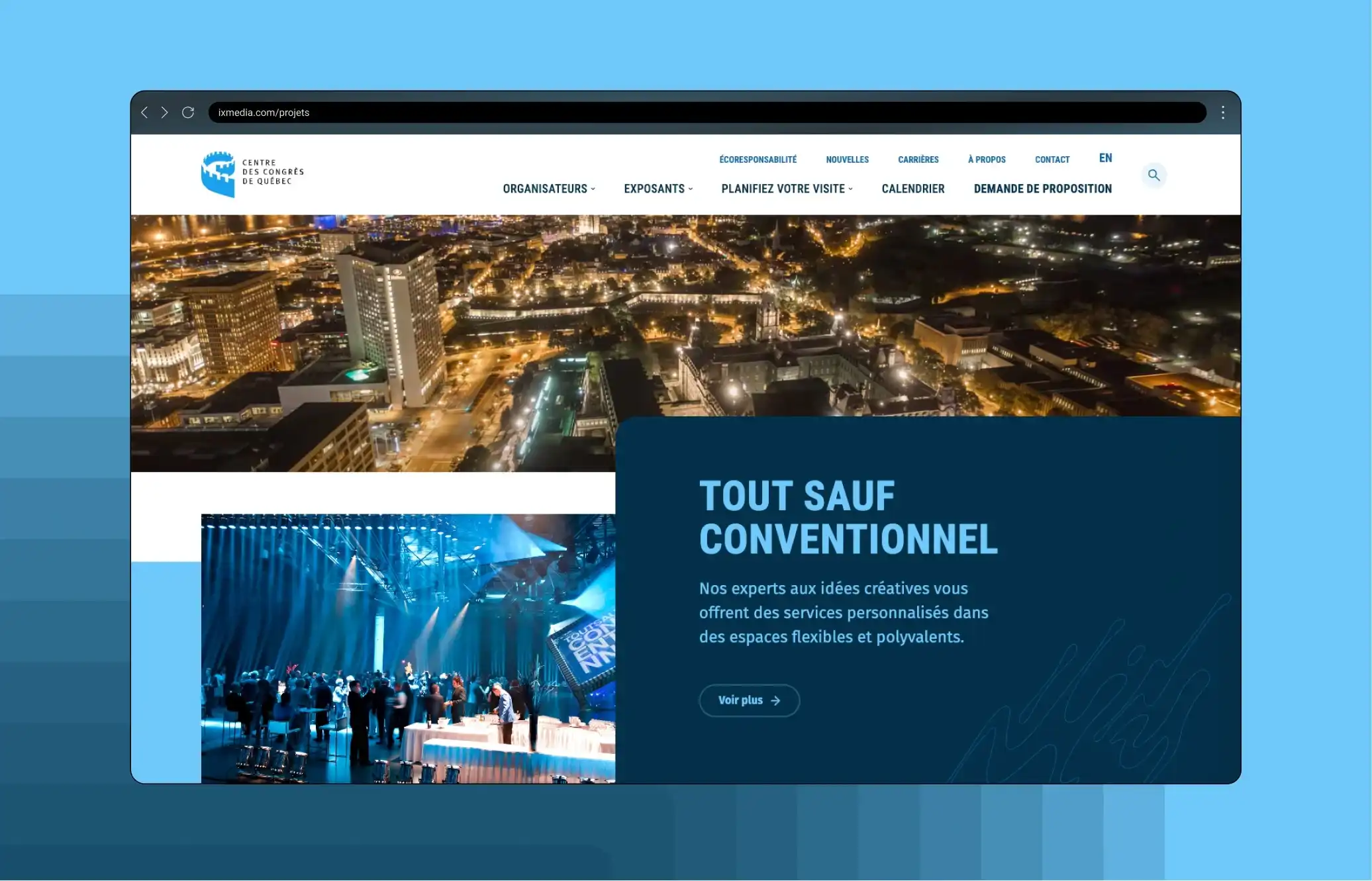 Interface qui affiche l'accueil du Centre des congrès de Québec.