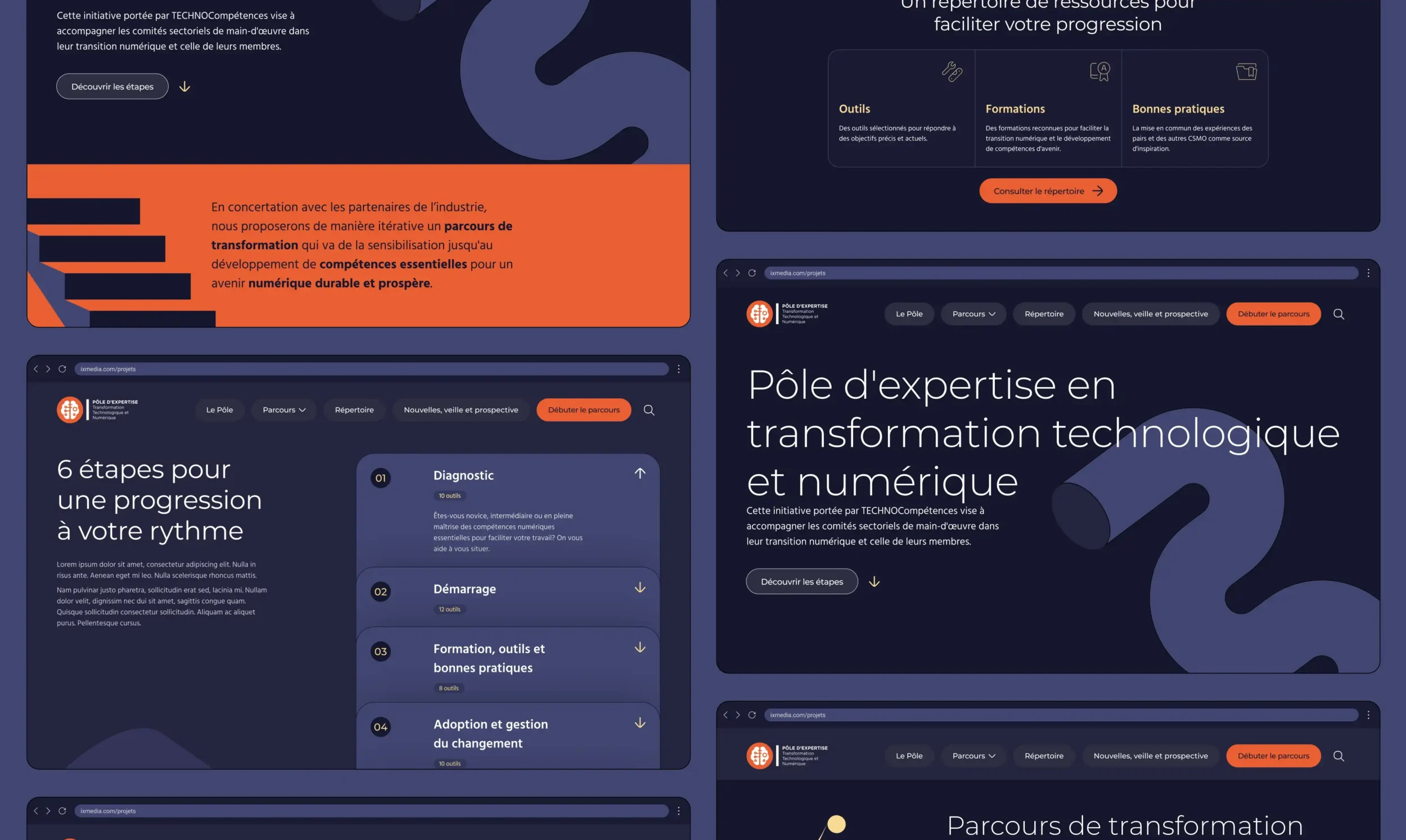 Mosaïque de maquette format ordinateur présentant les différentes interfaces du site du Pôle d’expertise en transformation technologique et numérique.